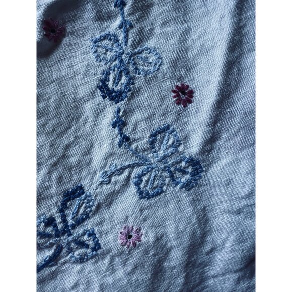 Vintage White Linen Tablecloth Blue Crocheted Edge & Floral Cross Stitch Embroid - Picture 8 of 9
